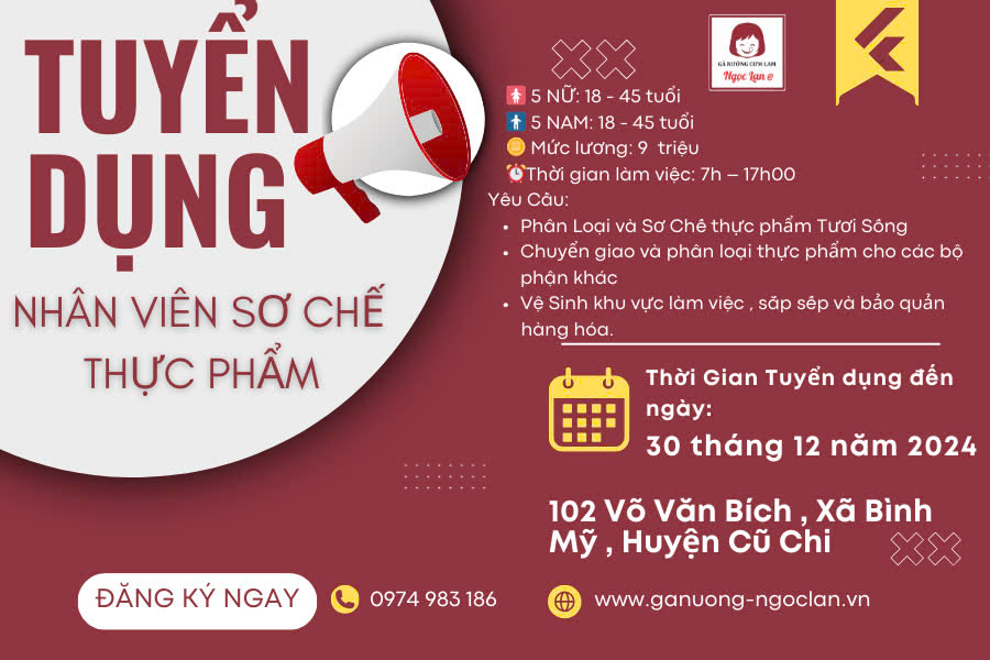 Tuyển Nhân Viên Sơ Chế Sản Phẩm - Cơ hội nghề nghiệp tại Ngọc Lan@